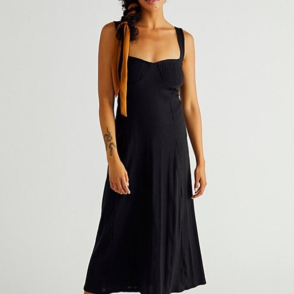 Free People Black Ribbed Knit Midi Dress with Bustier Detail and Wide Straps - Picture 1 of 8